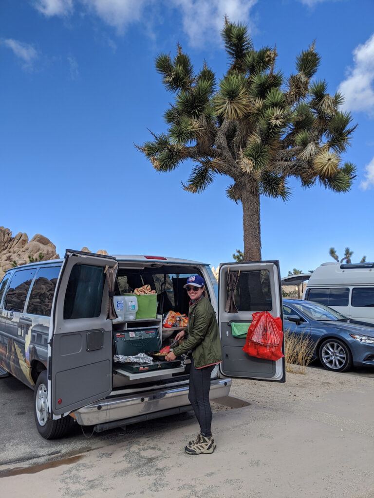 cooking in a campervan in Joshua Tree National Park