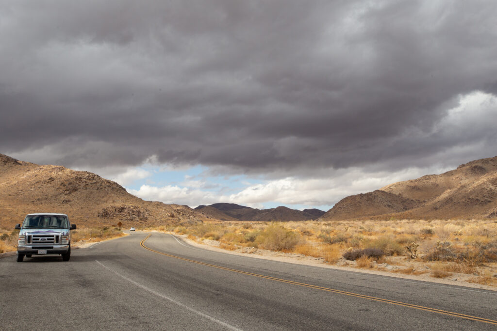 campervan on the road in Joshua Tree National Park