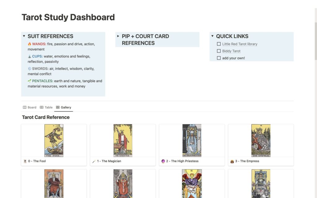 tarot study dashboard notion template screenshot