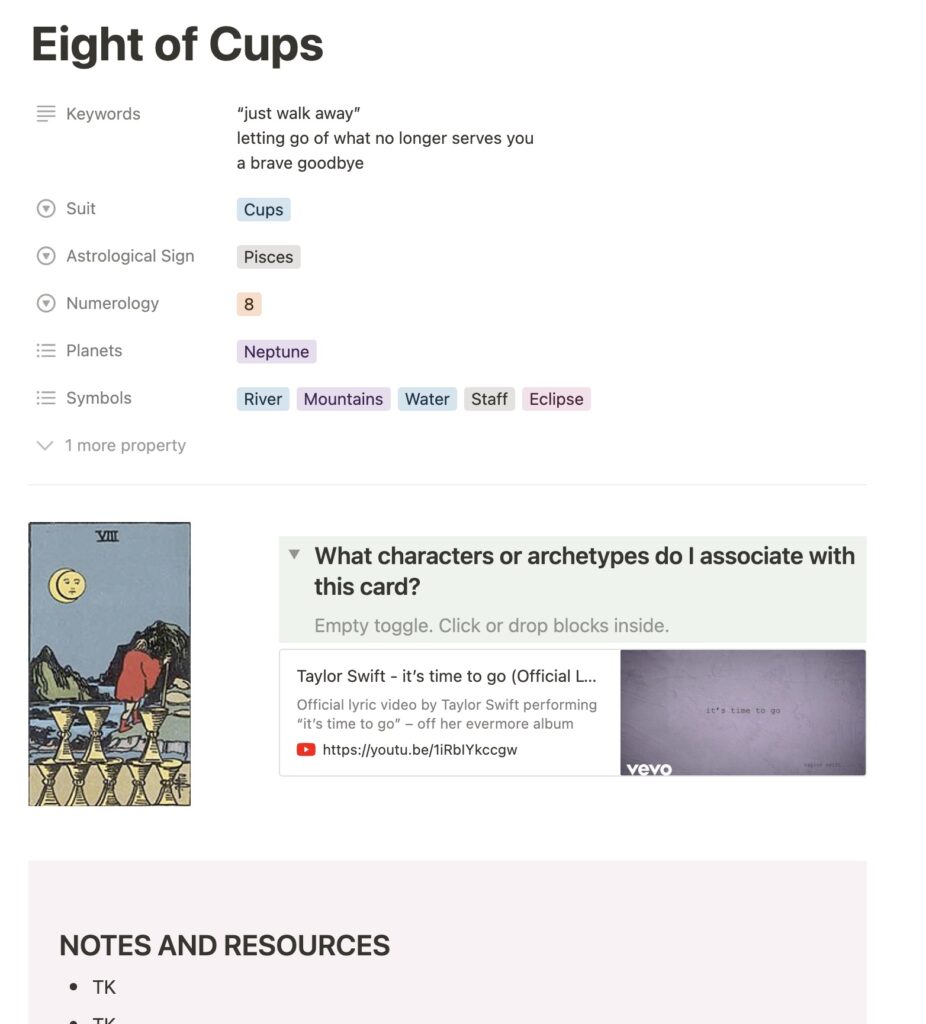 tarot study dashboard notion template screenshot