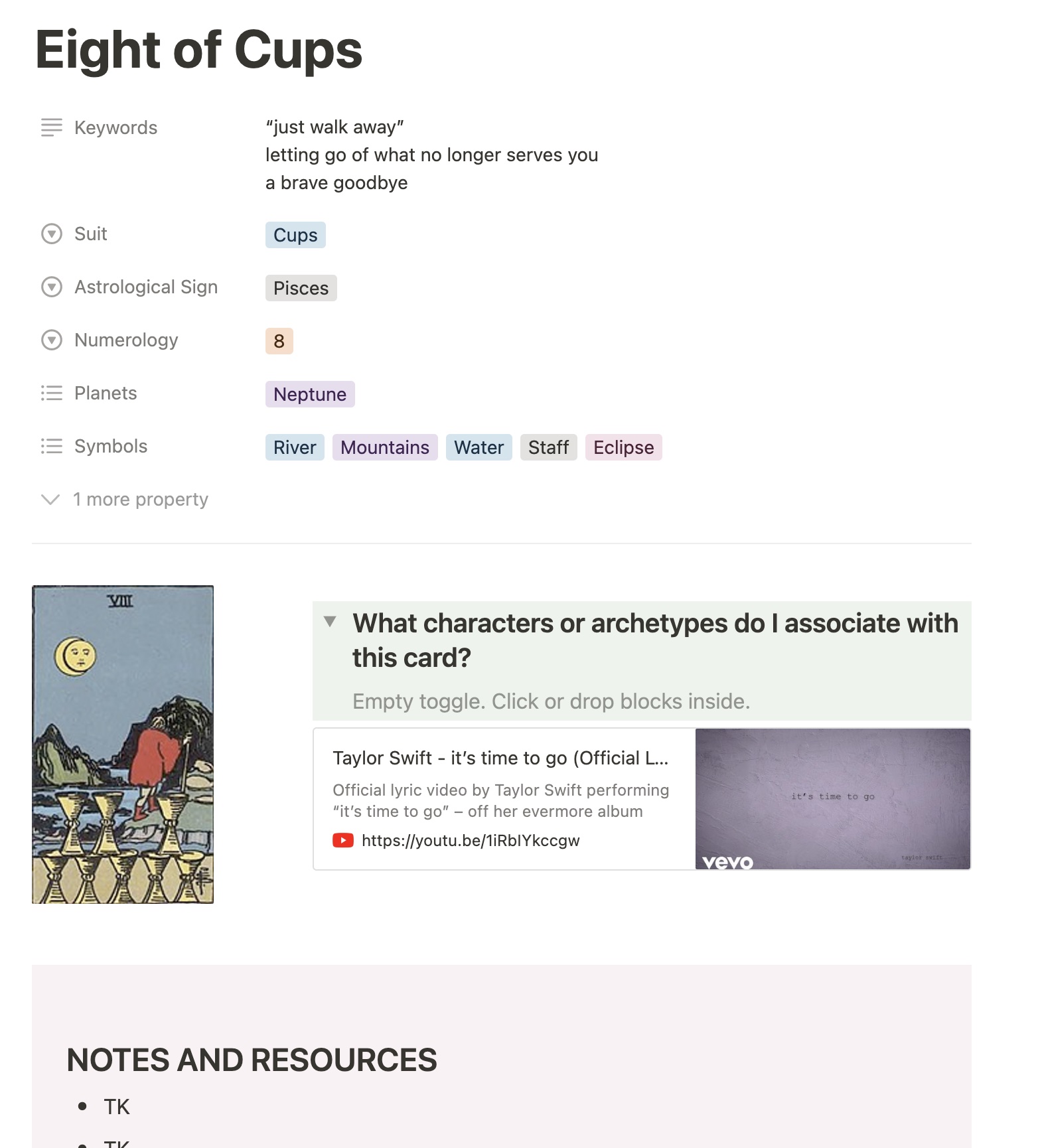 tarot study dashboard notion template screenshot