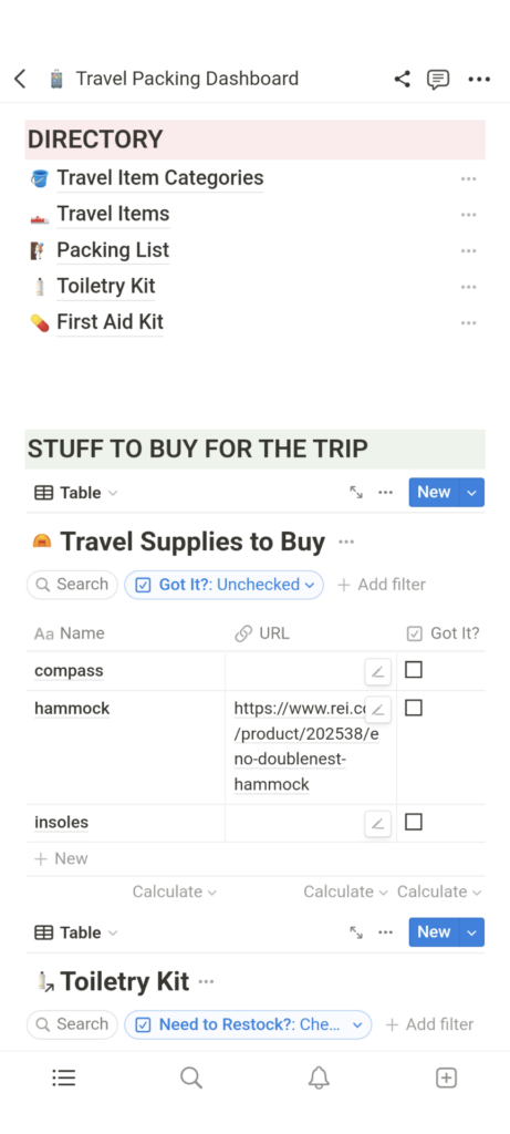 travel packing dashboard purchase list