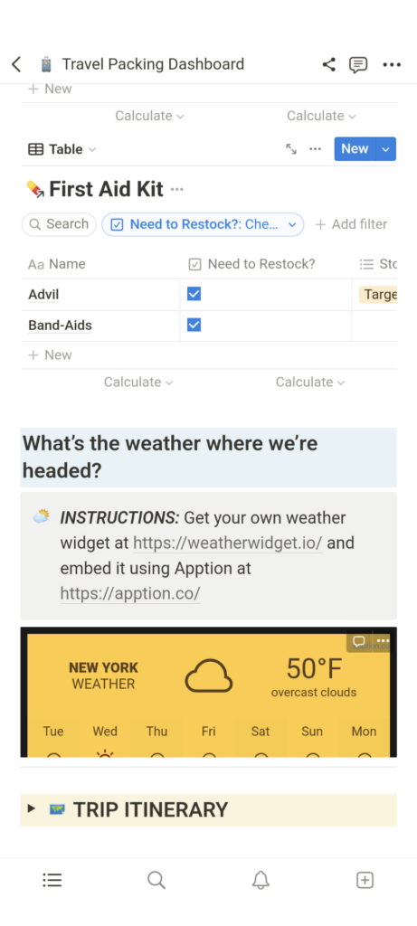 travel packing dashboard screenshot