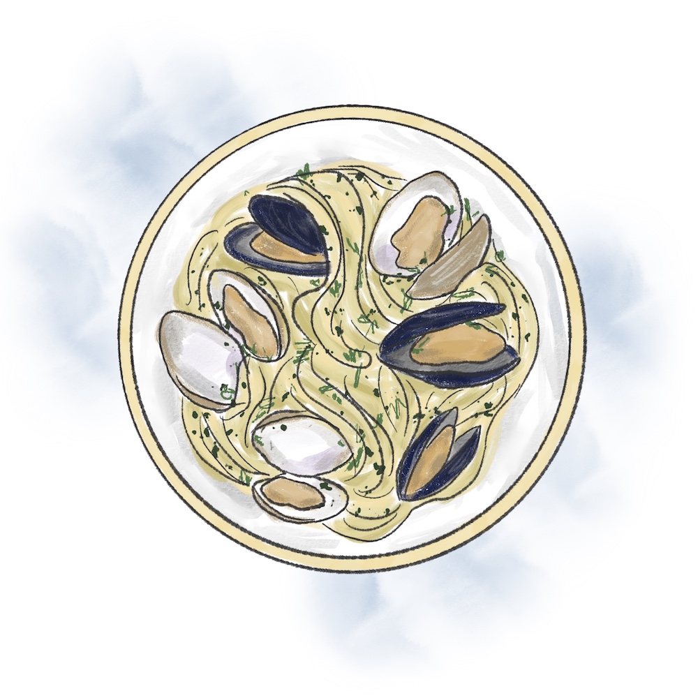 watercolor illustration of clam and mussel pasta