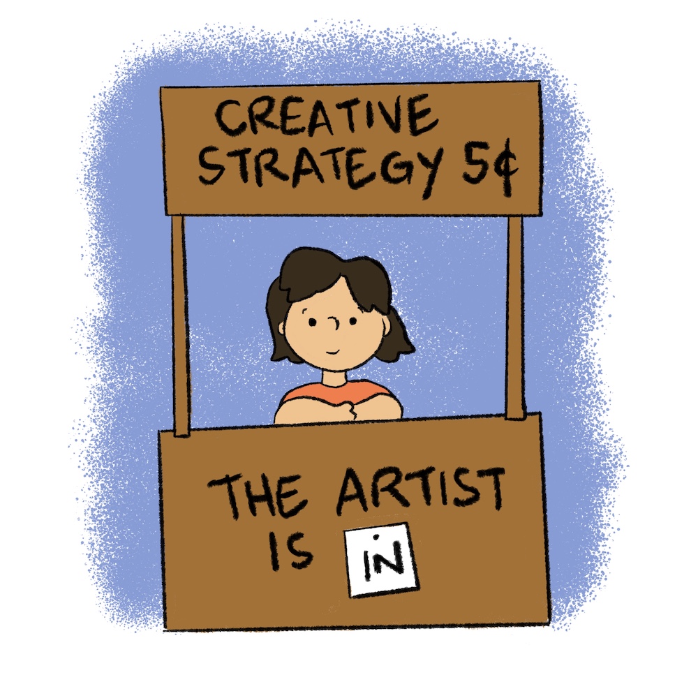 Peanuts-style illustration of an artist offering creative strategy in a booth