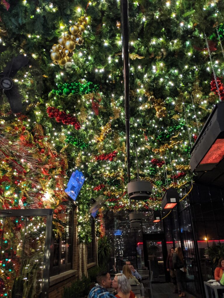Christmas decorations on the ceiling at Roosevelt's in Tulsa, OK