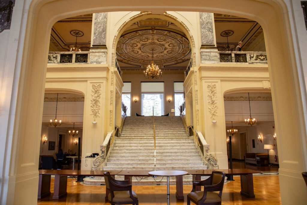 grand staircase at the Great Hall at Shadow Lawn, Monmouth University