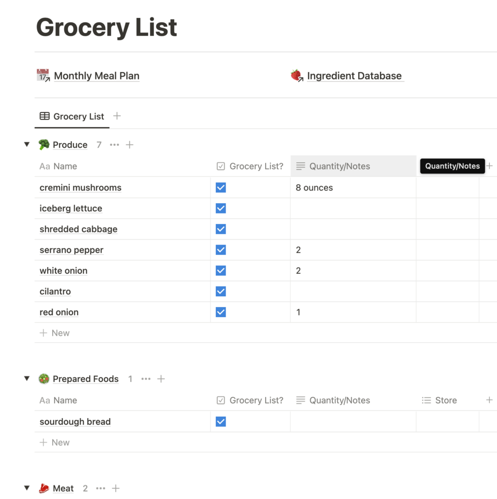 Make Your Own Meal Plan grocery list screenshot