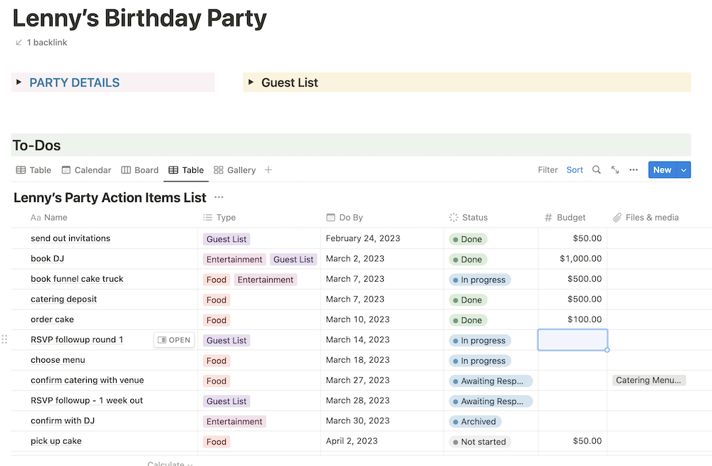 sample Notion dashboard for birthday party planning