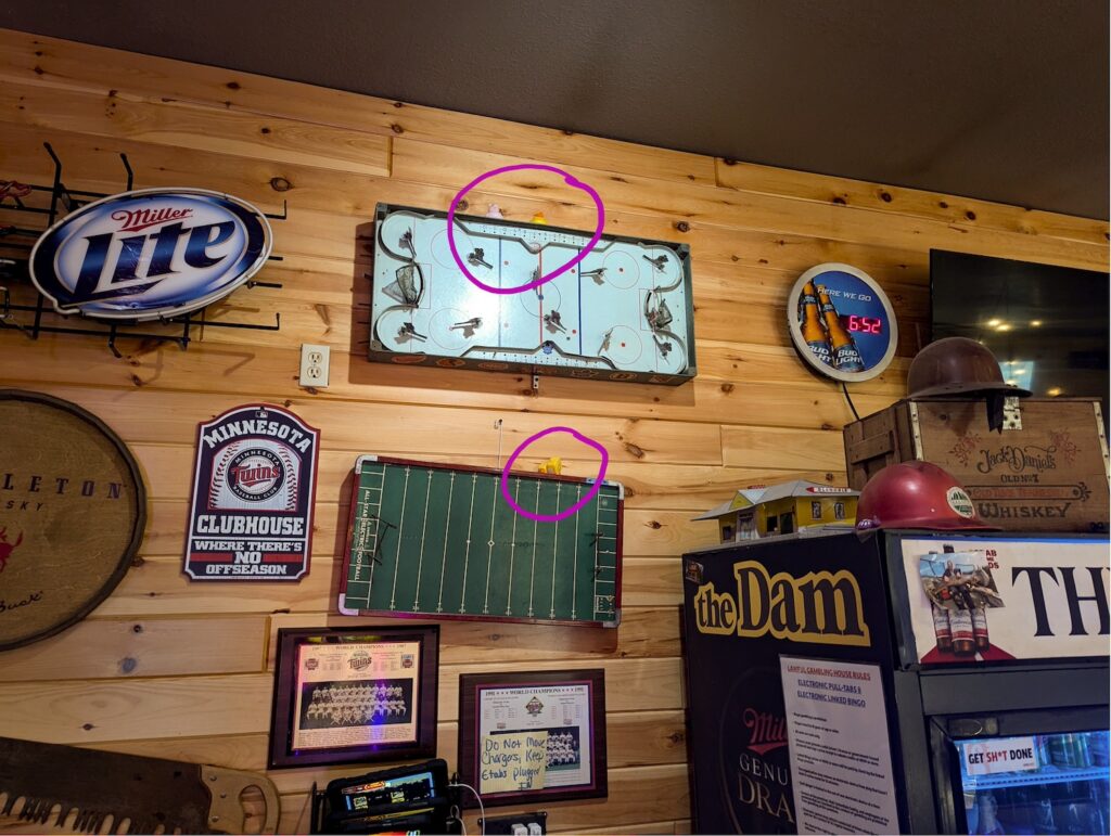 vintage sports action board games at The Dam Supper Club in Orr, MN