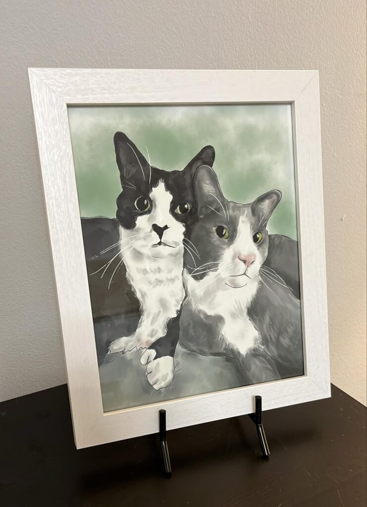 framed watercolor portrait of 2 tuxedo cats