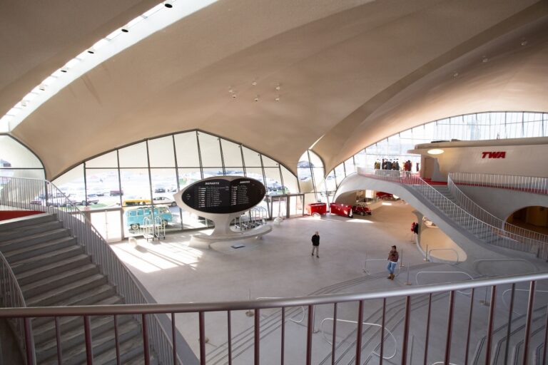 entrance departures and arrivals board at the TWA Flight Center