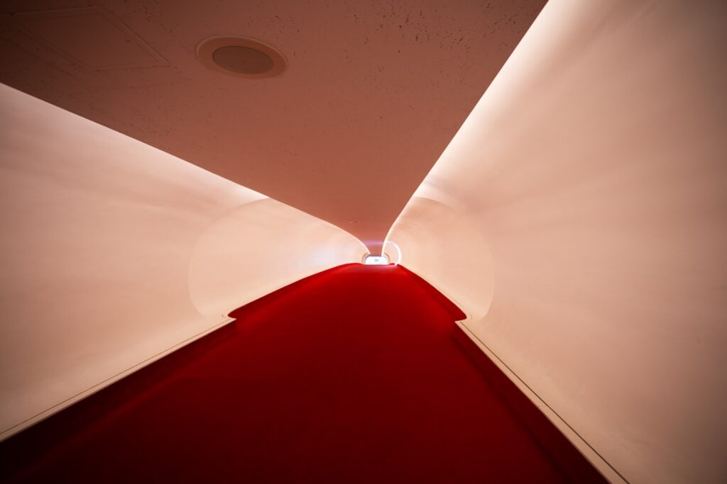 flight tubes with red carpet at the TWA hotel