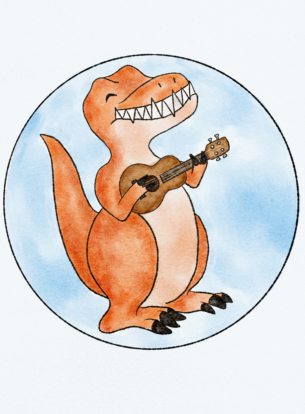 Tangerine T-Rex logo of an orange t-rex playing a ukulele