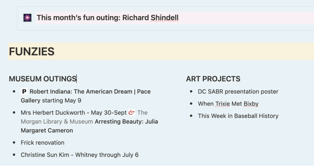Notion dashboard screenshot with a list of museum exhibitions