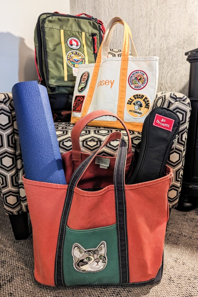 bags with patches sewn on