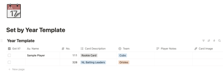 Notion Template: Baseball Card Collecting