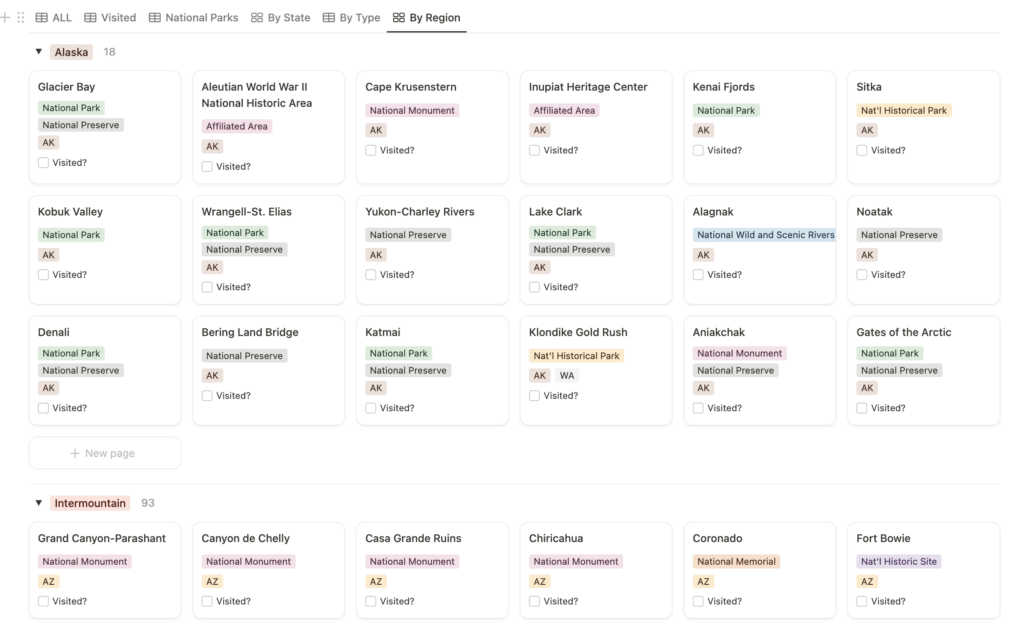 list of National Parks in a Notion database
