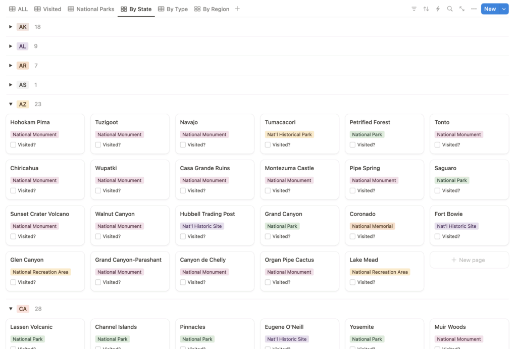 list of National Parks in a Notion database