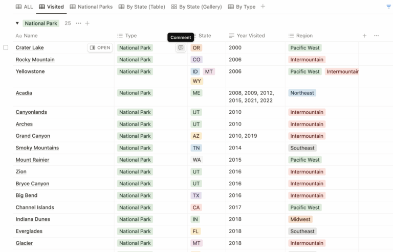 list of National Parks in a Notion database