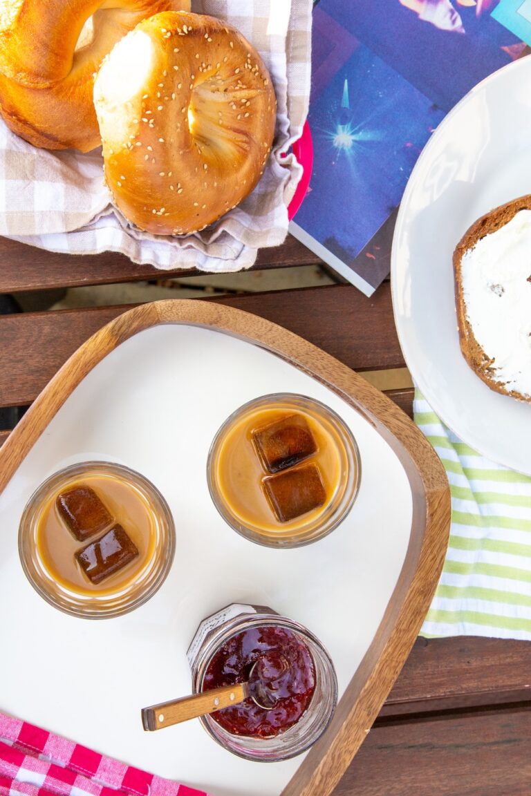 iced coffee, bagels, and jam