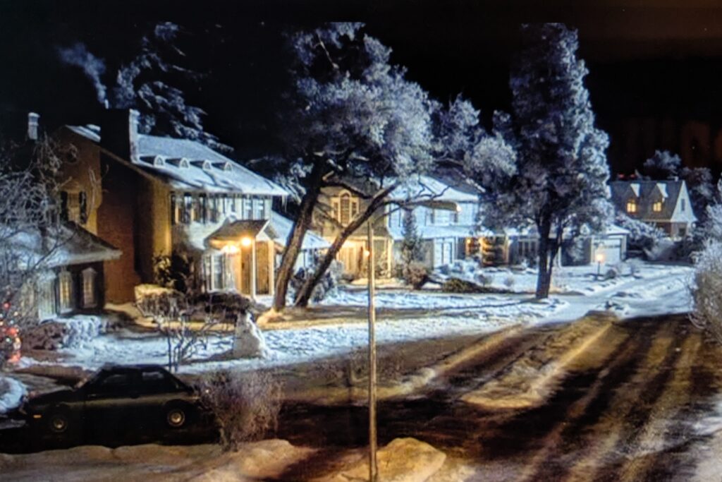 exterior scene from National Lampoon's Christmas Vacation showing the Griswold house