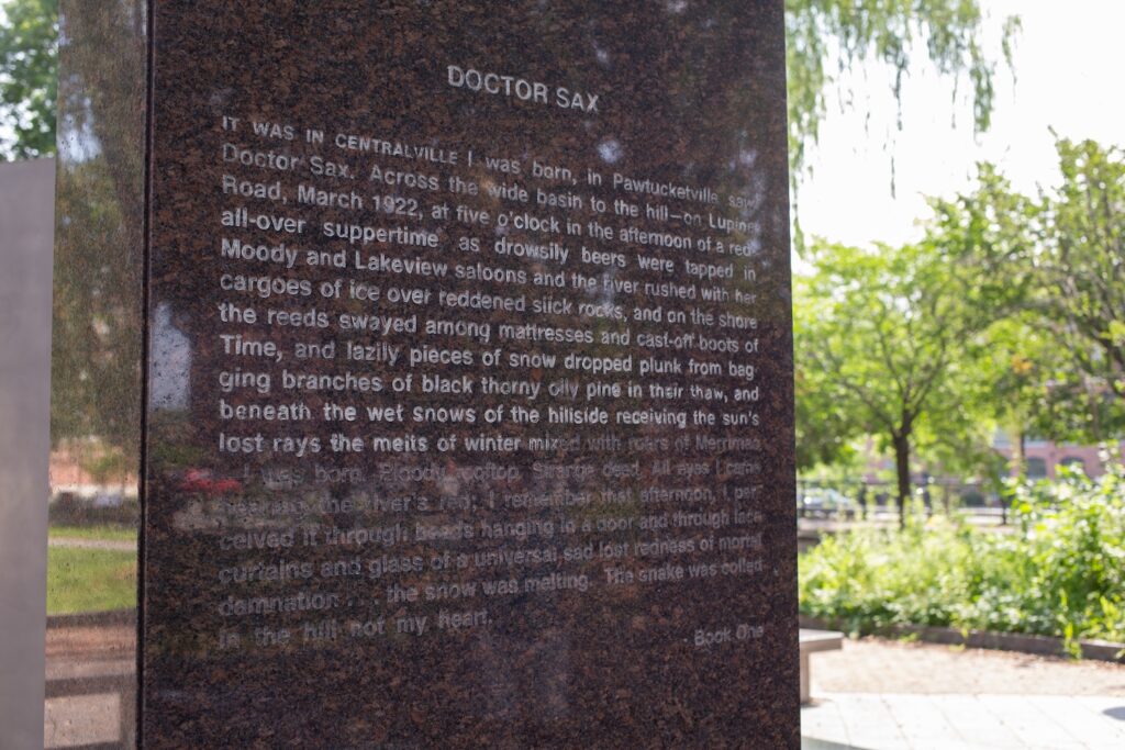 engraved plinth in Kerouac Park in Lowell, Mass.