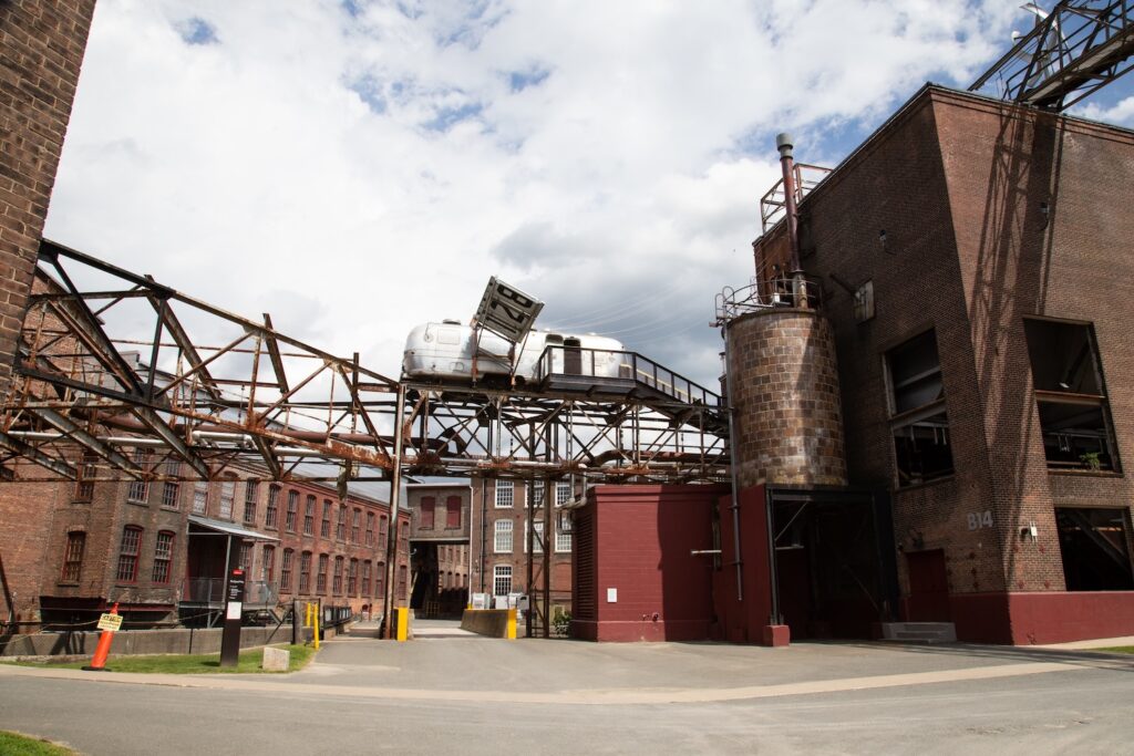 MASS MoCA view of airstream trailer and boiler house